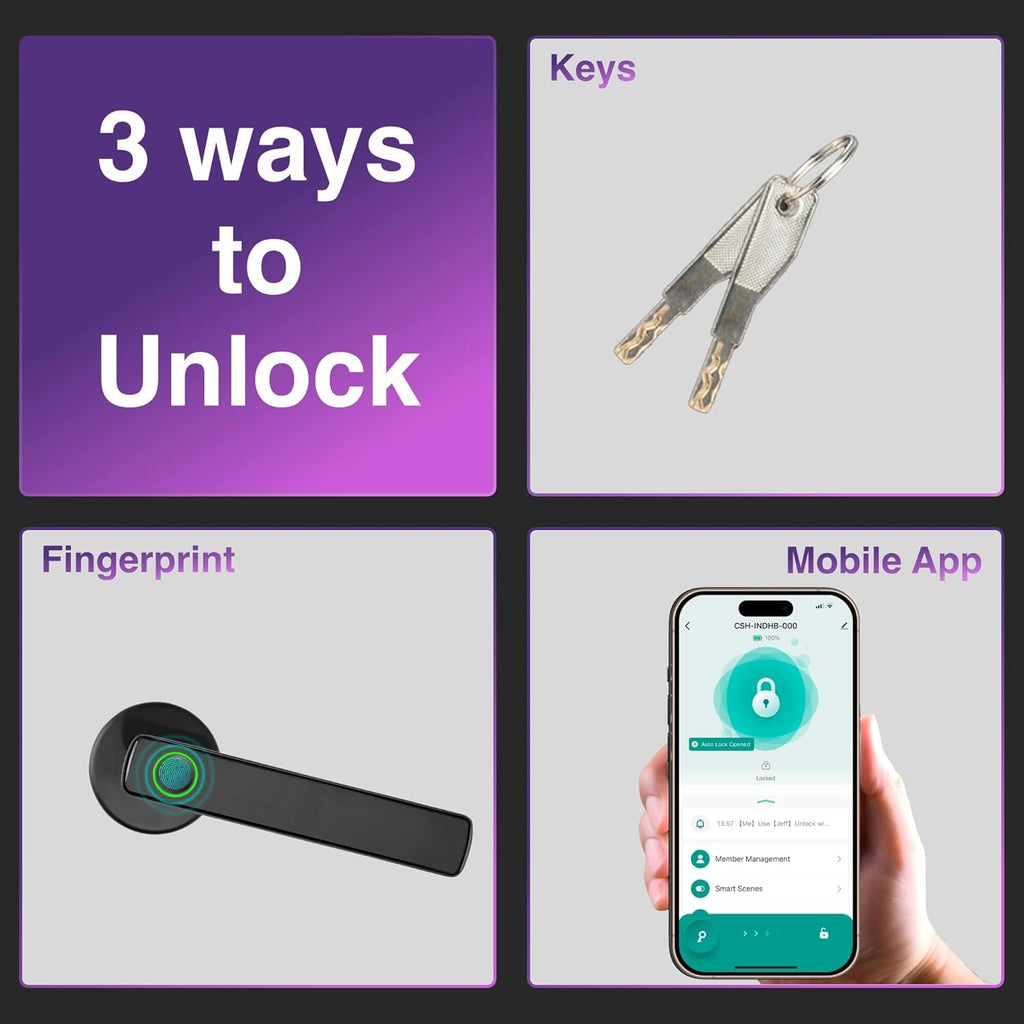 Connect Smart Door Handle Lock – Fingerprint, App, PIN & Key Access – Internal Door Handle for Home/Office – Bluetooth Control, Auto-Lock, Easy Install – Works with Australian Standard Doors
