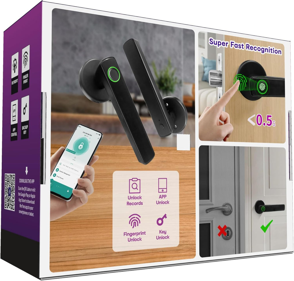 Connect Smart Door Handle Lock – Fingerprint, App, PIN & Key Access – Internal Door Handle for Home/Office – Bluetooth Control, Auto-Lock, Easy Install – Works with Australian Standard Doors