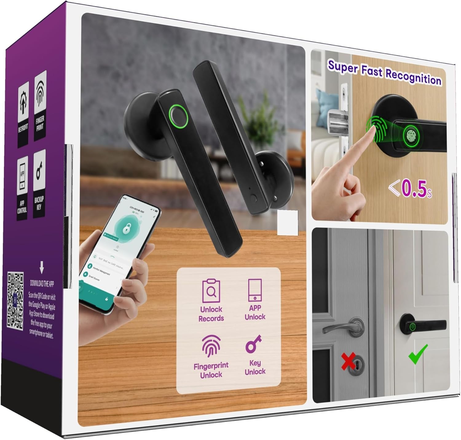 Connect Smart Door Handle Lock – Fingerprint, App, PIN & Key Access – Internal Door Handle for Home/Office – Bluetooth Control, Auto-Lock, Easy Install – Works with Australian Standard Doors