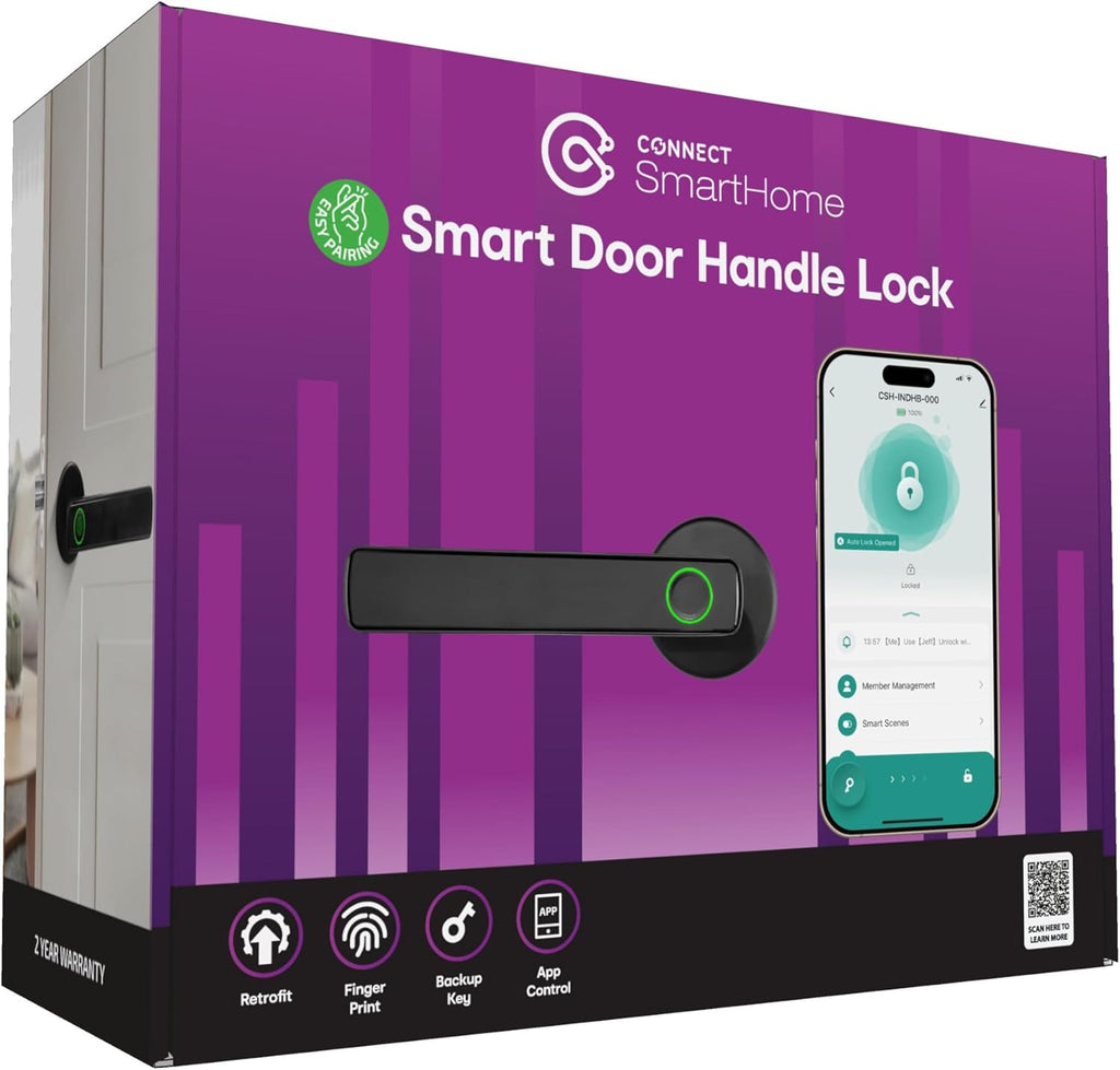 Connect Smart Door Handle Lock – Fingerprint, App, PIN & Key Access – Internal Door Handle for Home/Office – Bluetooth Control, Auto-Lock, Easy Install – Works with Australian Standard Doors