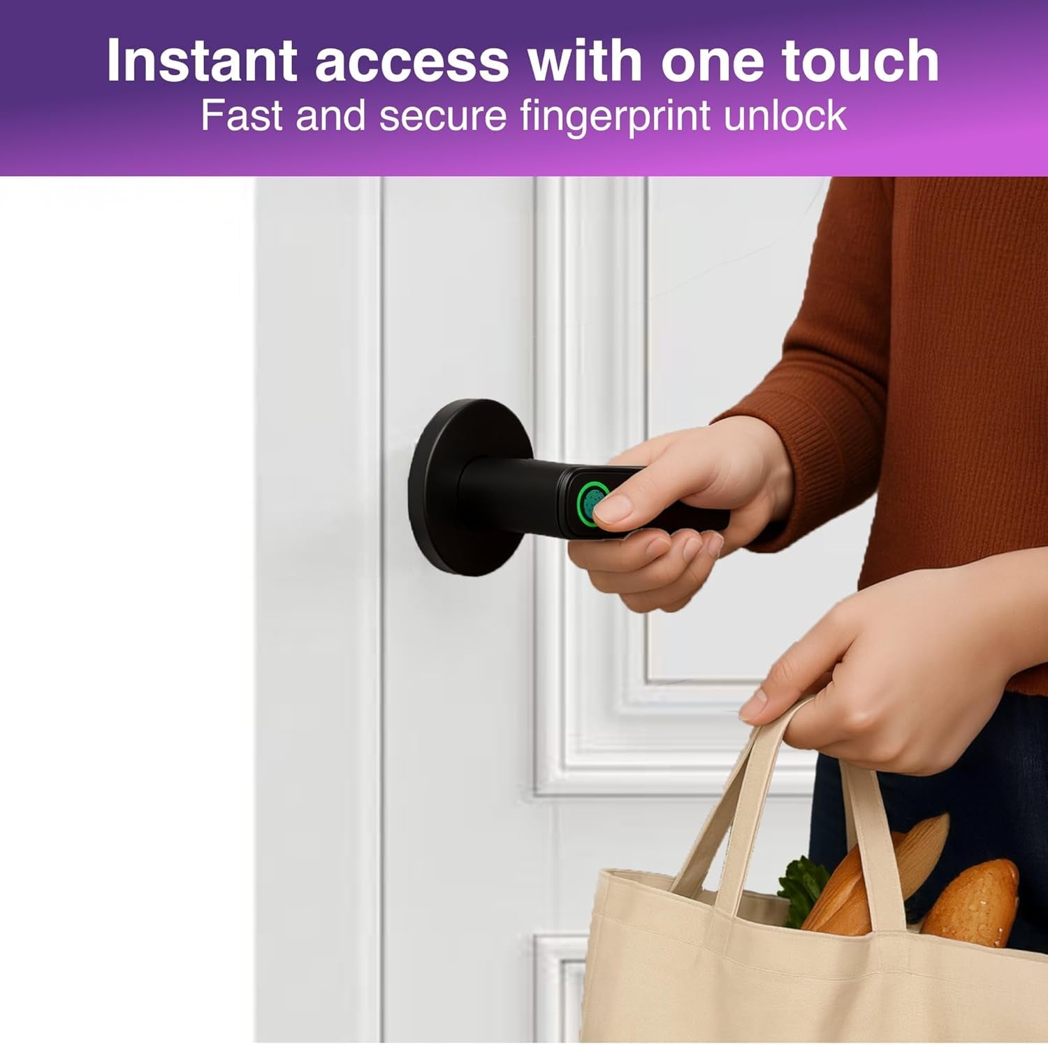 Connect Smart Door Handle Lock – Fingerprint, App, PIN & Key Access – Internal Door Handle for Home/Office – Bluetooth Control, Auto-Lock, Easy Install – Works with Australian Standard Doors