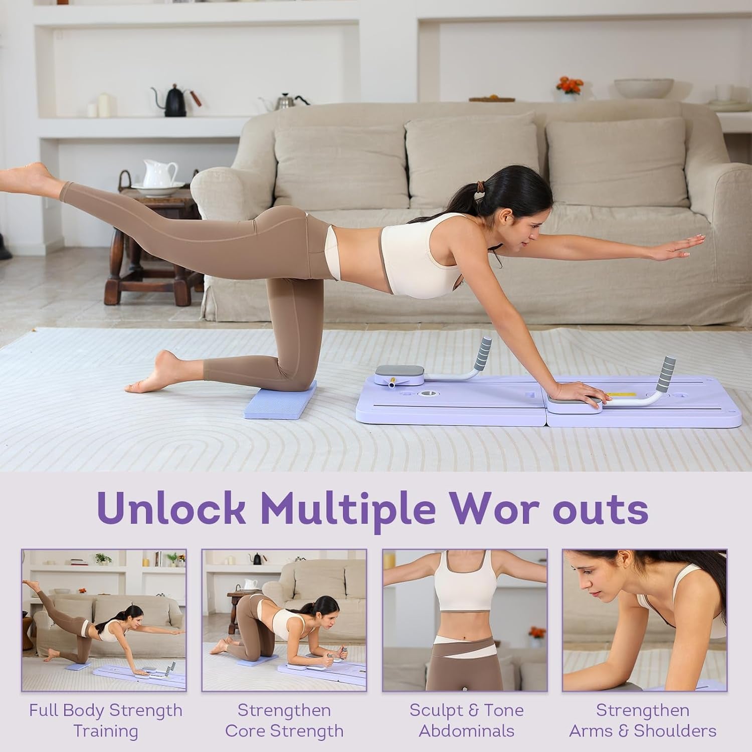 Pilates Reformer Pilates Machine Set Foldable Pilates Board for Home Pilates Equipment 5 in 1 Pilates Board Multifunctional Abdominal Ab Roller Wheel Workout Board Automatic Rebound